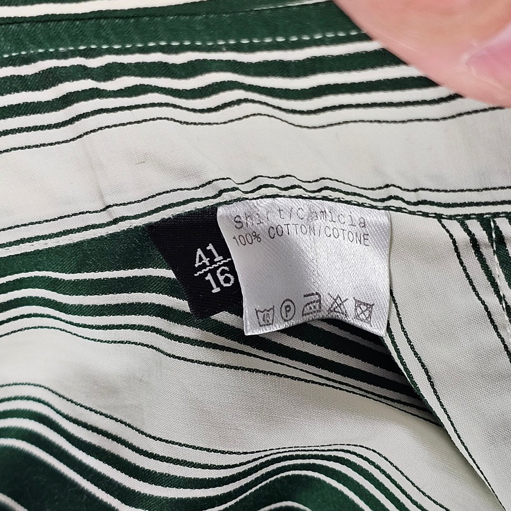 Gucci Button Down Men 16 Green White Striped Long Sleeve Cotton Dress Shirt 41 - Picture 3 of 9